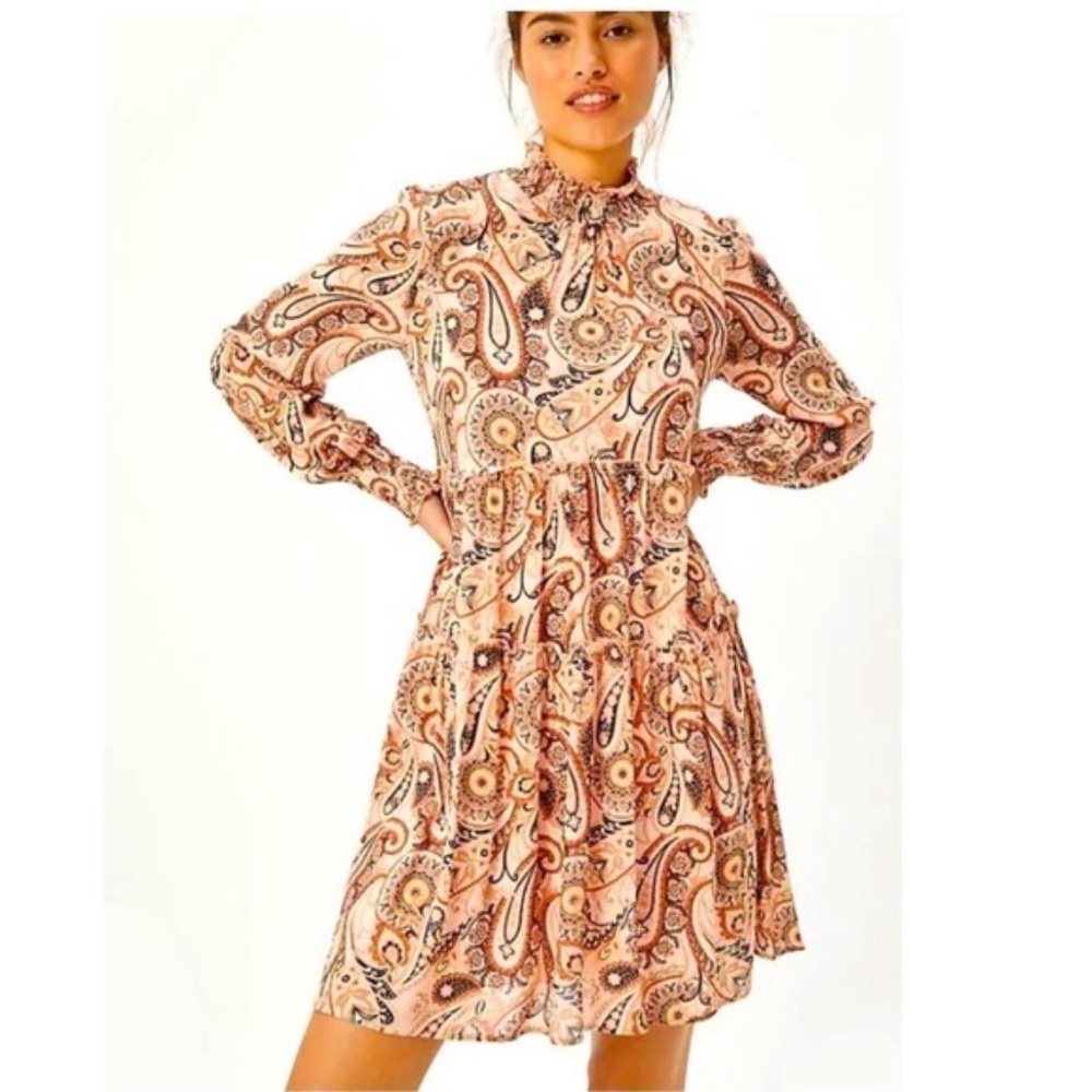 NWT Anthropologie Cady Tiered Tunic Dress Long Sleeve Peach Paisley Size  Large